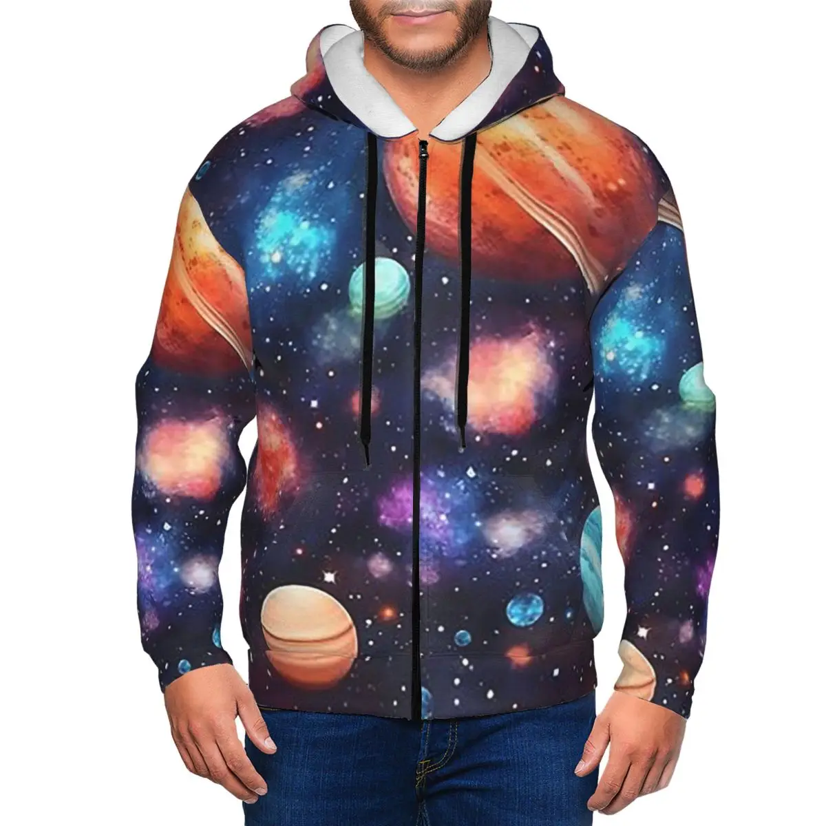 Solar System Space Planets Universe Zipper Hoodie Harajuku Pullover Autumn Winter Men Women Sweatshirt Long Sleeve Tops