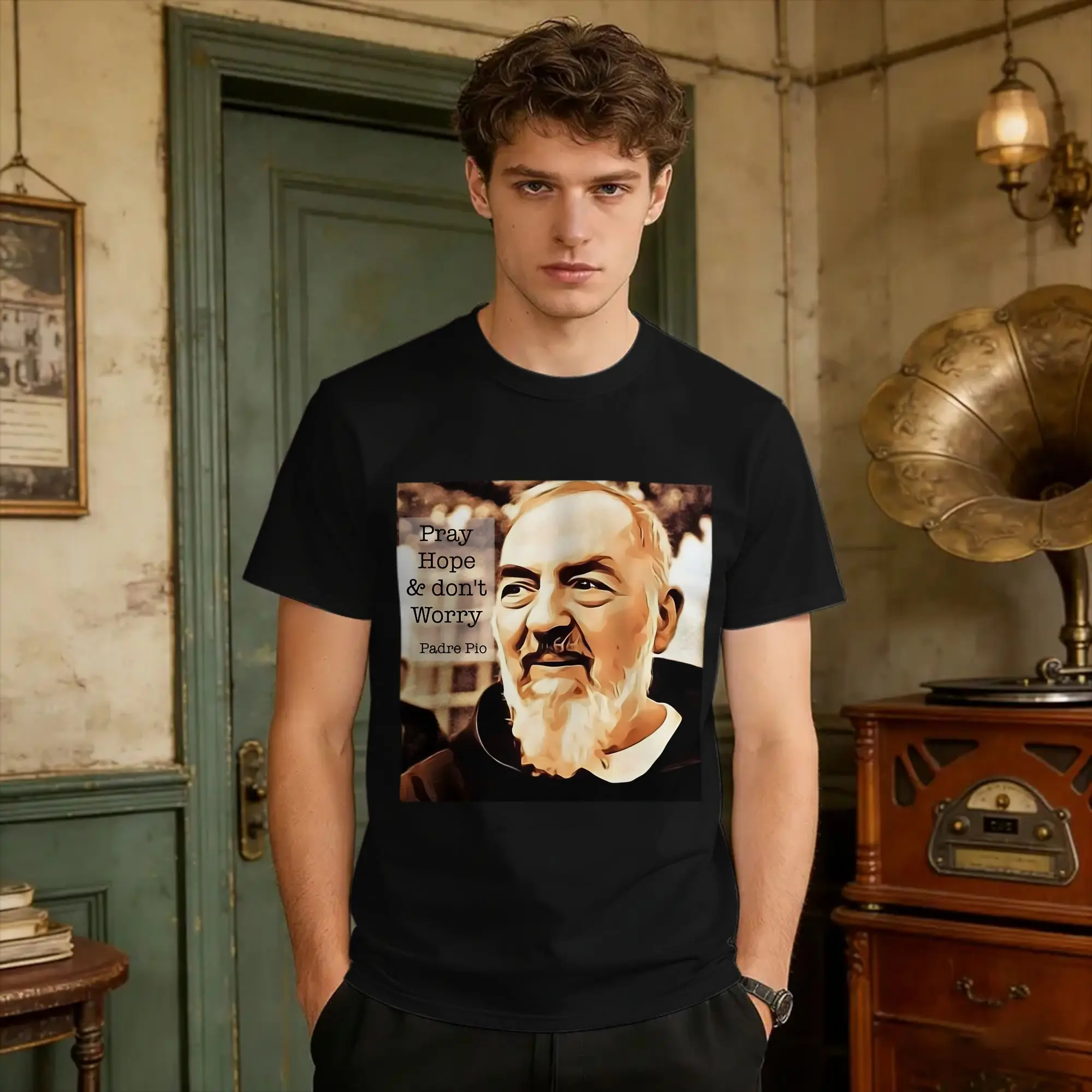 Padre Pio DonT Worry Digital  T-Shirt Beach  Vintage T Shirts Cotton Harajuku Tshirt For Man Printed Tops