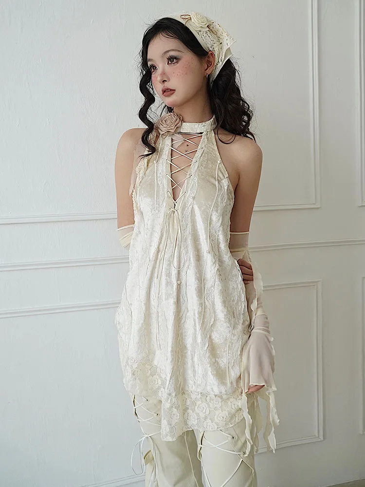 Harajuku Off White Top for Girls, Slim Top, Sweet Kawaii Lace, Backless, Sexy Suspender, Female Temperament, Cool Fashion, New