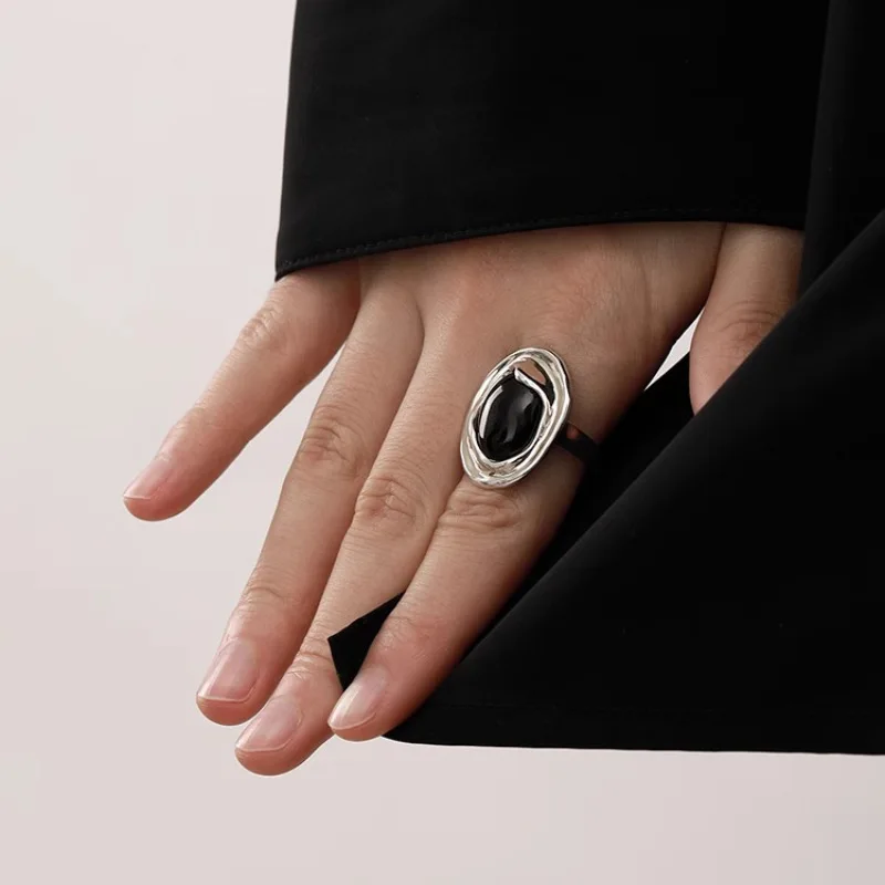 VENTFILLE 925 Sterling Silve Black Agate Ring for Women Girl Retro Versatile Trend  Hip Hop Jewelry Birthday Gift Dropshipping