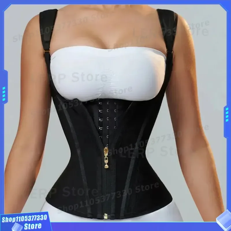 Retro Zipper Front Body Shaper Vest 15 Bone Steel Boned Corset High Elastic Mesh Waist Trainer Belly Control Top for Women