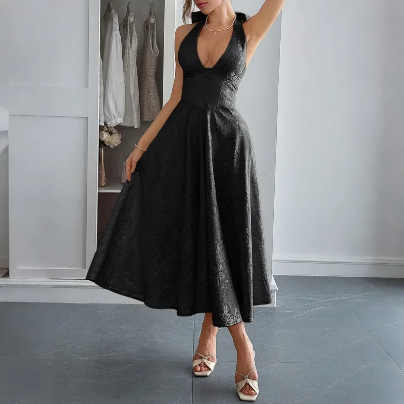 Vestido maxi feminino elegante com gola halter, jacquard, cintura com gravata e bordado floral, vestido de noite elegante, praia, casamento, convidado