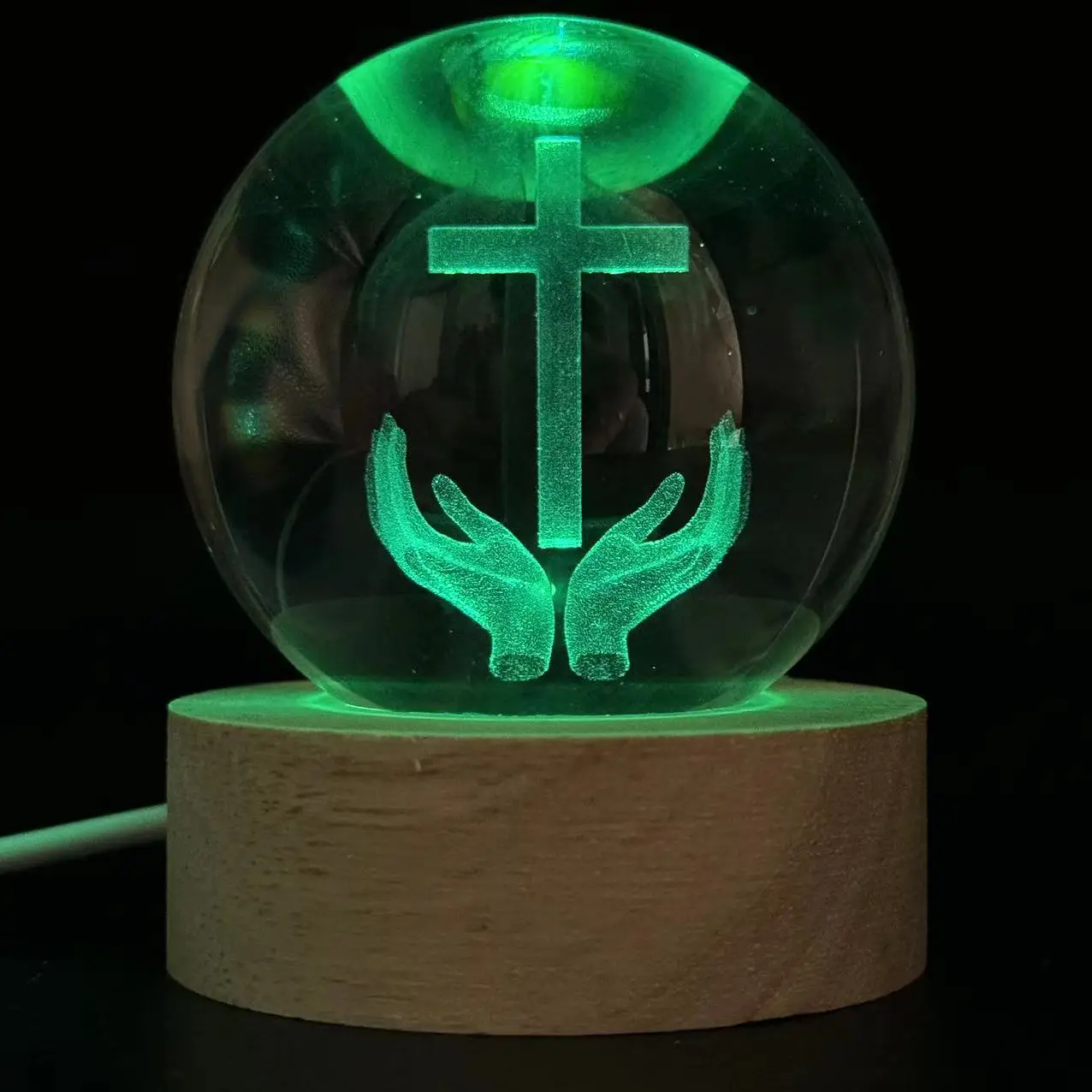 1pc,3D laser engraving hands holding the cross round ball night light, with colored light wood lamp holder, home decoration deco