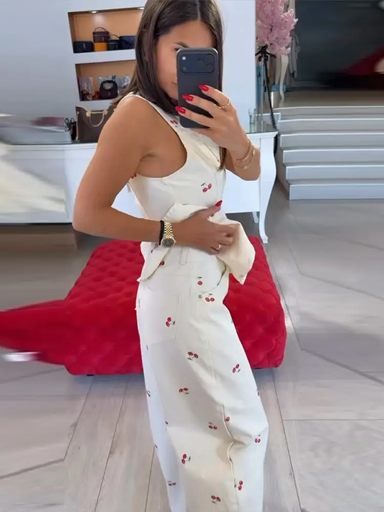 Damen-Hosenanzug 2-teilig Bedruckt O-Ausschnitt Ärmellos Rüschen Slim-Fit Oberteil mit Gebogenen Hosenbeinen Schicke Büro-Damen-Outfits Neu – Detail 6