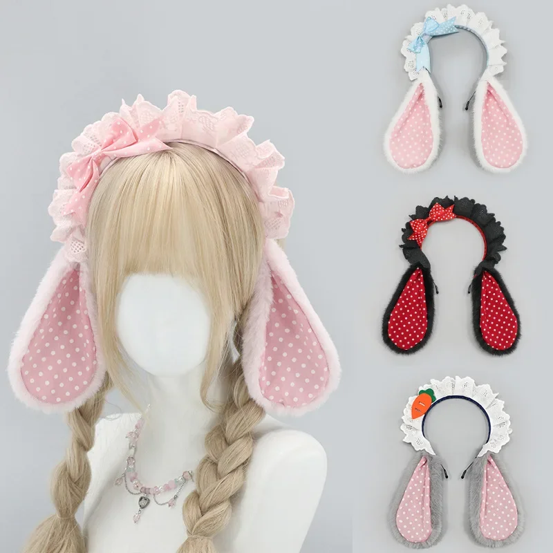 Sweet Kawaii Plush Bunny Ear Headband Ruffled Lace Polka Dot Inner Ear Lolita Cosplay Maid Hair Accessory Pink White Gray Black