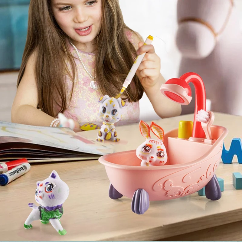 Diy Pet Painting Doodle Pet Frosted Animal Toy Set Come And Bathe Your Pet Graffiti Handmade Toy For Children Gifts