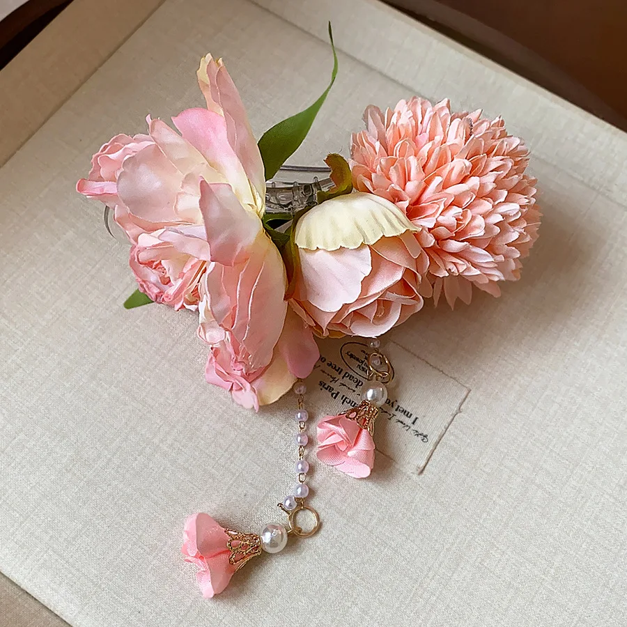 Exquisite Pink Fabrci Flower Hair Clips for Women's Sweet Long Tassel Hairpins Imitation Pearl Cheongsam Barrettes for Lover W image 4