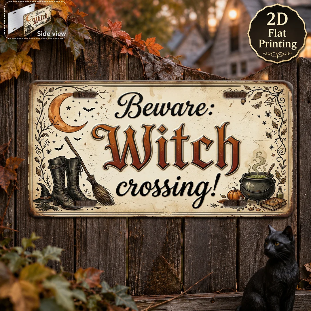1pc Retro Aluminum Beware Witch Crossing Halloween Slogan Plaque, European Rustic Outdoor Wall Art Suitable for Bar