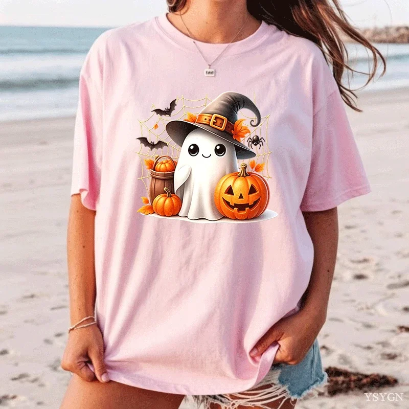Cute Halloween Ghost Witch Hat Pumpkin Bat Spider Web Art Print Graphic Ladies T Shirt Short Sleeve Crew Neck Casual Tee Tops