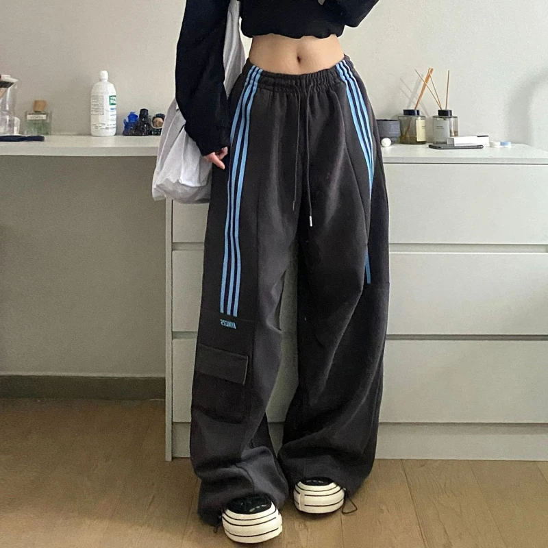 Striped Sweatpants Women Streetwear Cargo Pants Harajuku Wide Leg Joggers High Waist Baggy Sports Trousers