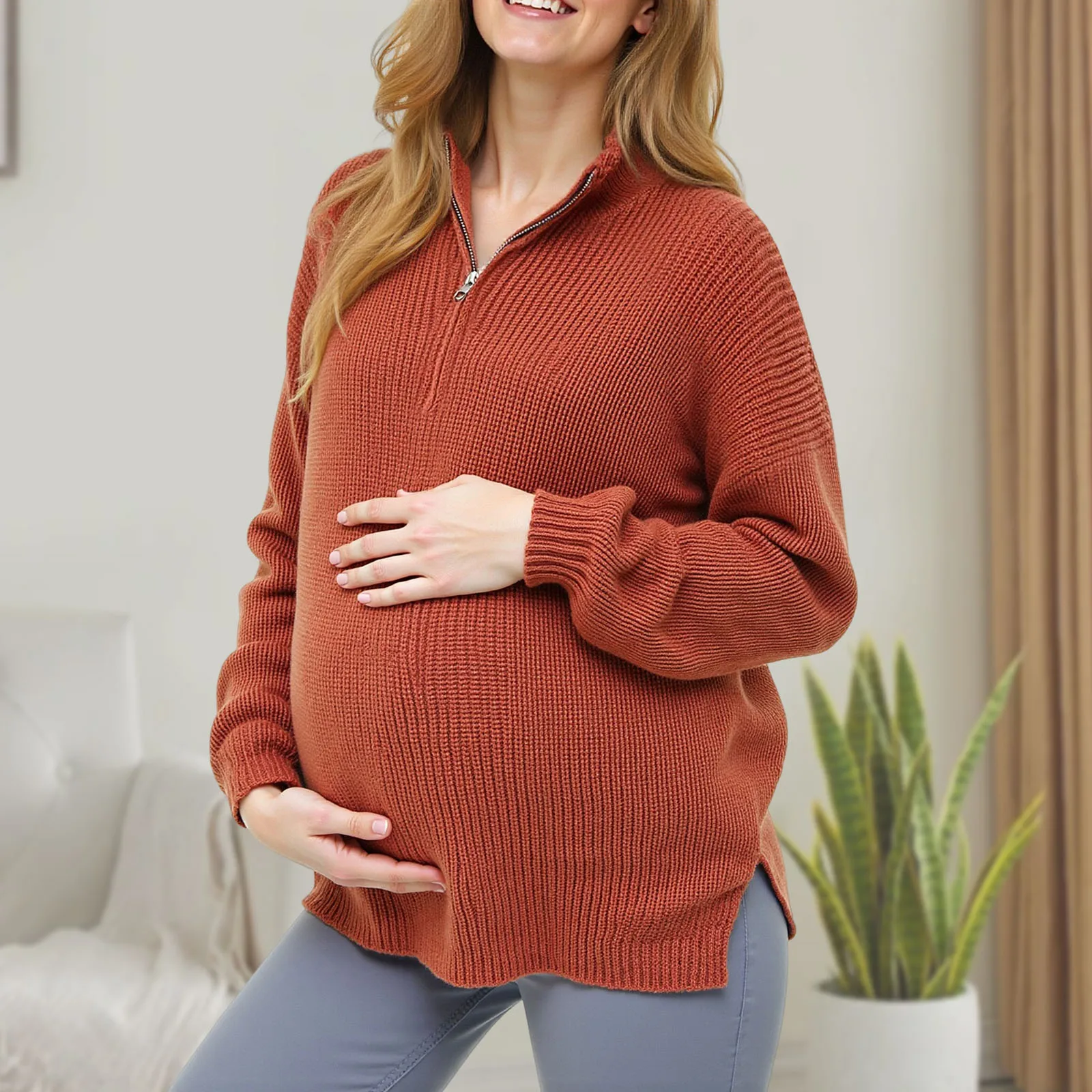 

Women Top Womens Maternity Sweater Shirts Winter Split Mock Neck Blouse Knitted Pullover Warm Comfy Shirts Casual Sweatshirt