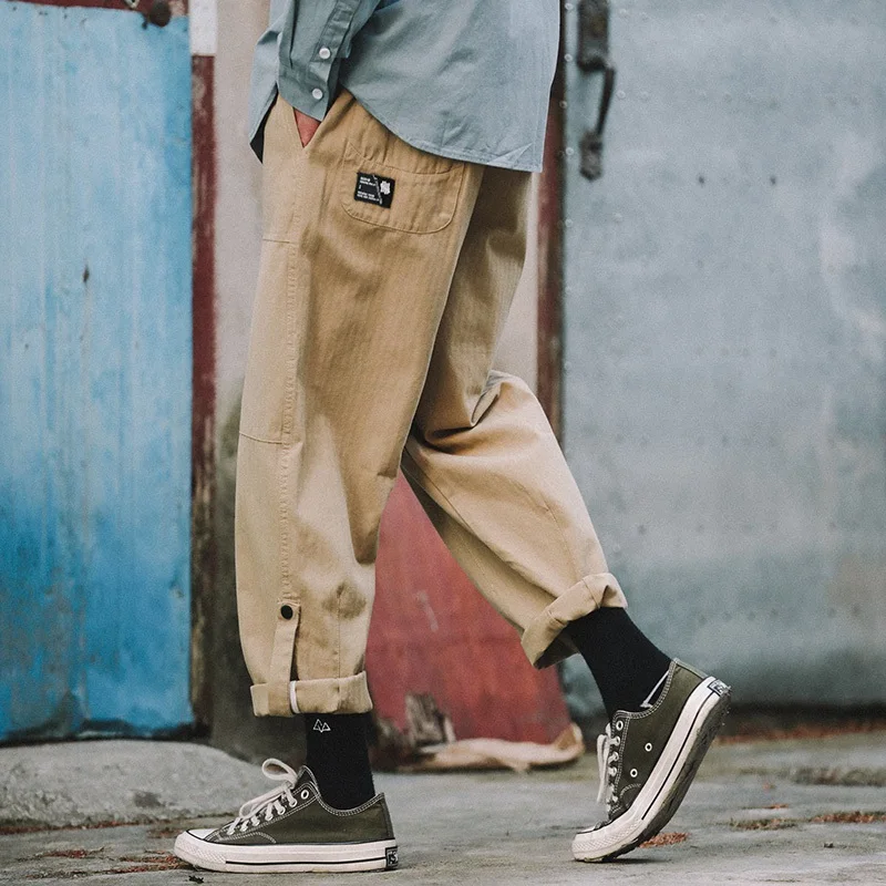 

Японские регулируемые прямые рабочие брюки для мужчин, свободные, в корейском стиле, модные, укороченные, с манжетами, зауженного кроя