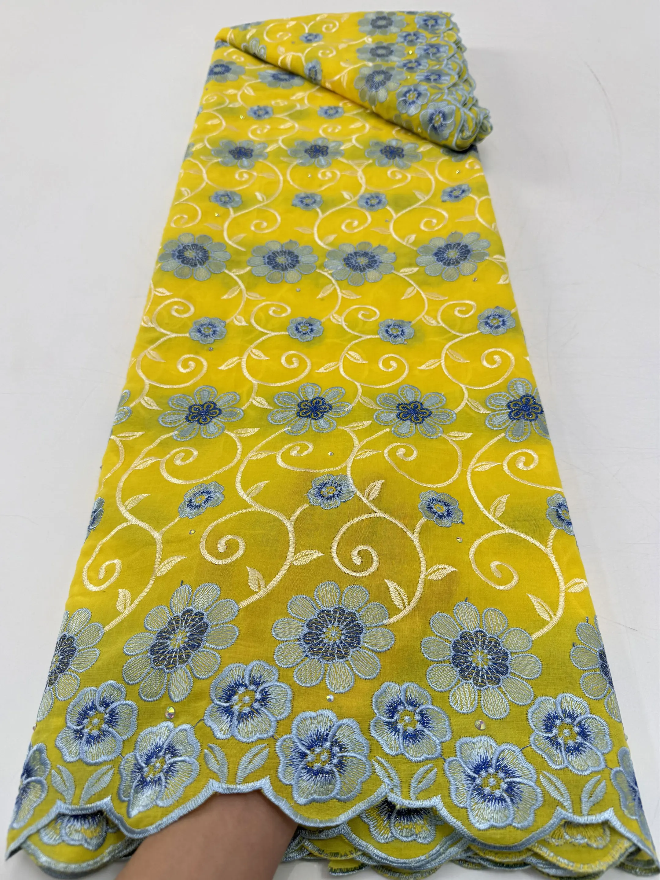 

African Cotton Lace Fabric with Stones High Quality Nigerian Swiss Voile Lace for Sewing Women Evening Party Dress 5Yards