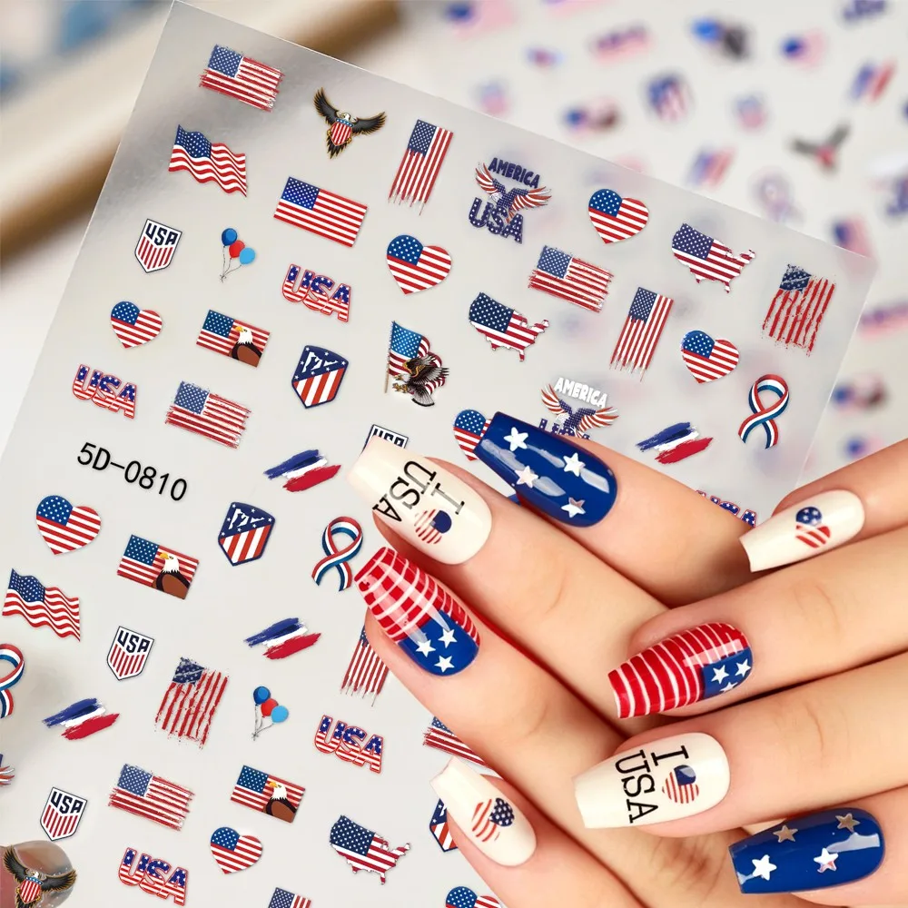 1pc 5D Embossed US Flag Nail Art Stickers Waterproof Eagle Heart Self Adhesive Nail Decals Sports Game Fan DIY Manicure Sliders
