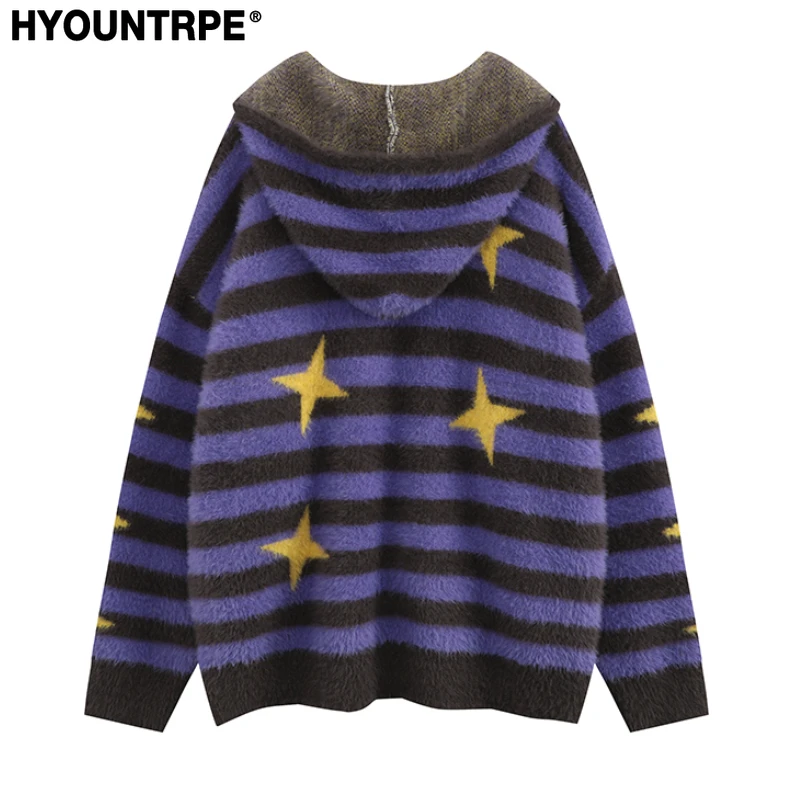 Mens Hooded Cardigan Sweater Y2K Strars Fashion Striped Streetwear Hip Hop Zipper Warm Knitted Cardigan Sweater Unisex Jumpers