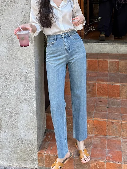 

Дышащие светлые прямые джинсы, тонкие летние универсальные повседневные женские джинсы с высокой талией и девятью точками