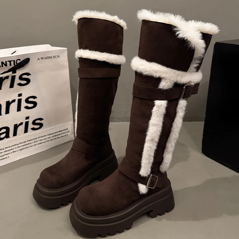 

Fur Women's High Boots Flats Platform Fashion Warm Shoes 2025 Designer Suede Winter Boots Dress Short Plush Mujer Snow Boots
