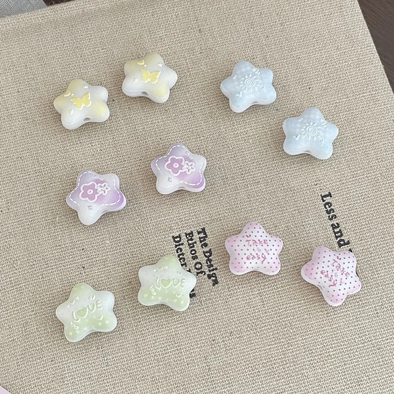 

2026 Newest 50pcs/lot color pattern print cartoon stars shape acrylic straight holes beads diy jewelry garment hair accessory