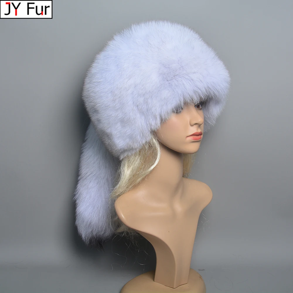 

real fox fur hats for women winter fashionable stylish Russian thick warm beanie hat natural fluffy fur hat with tail