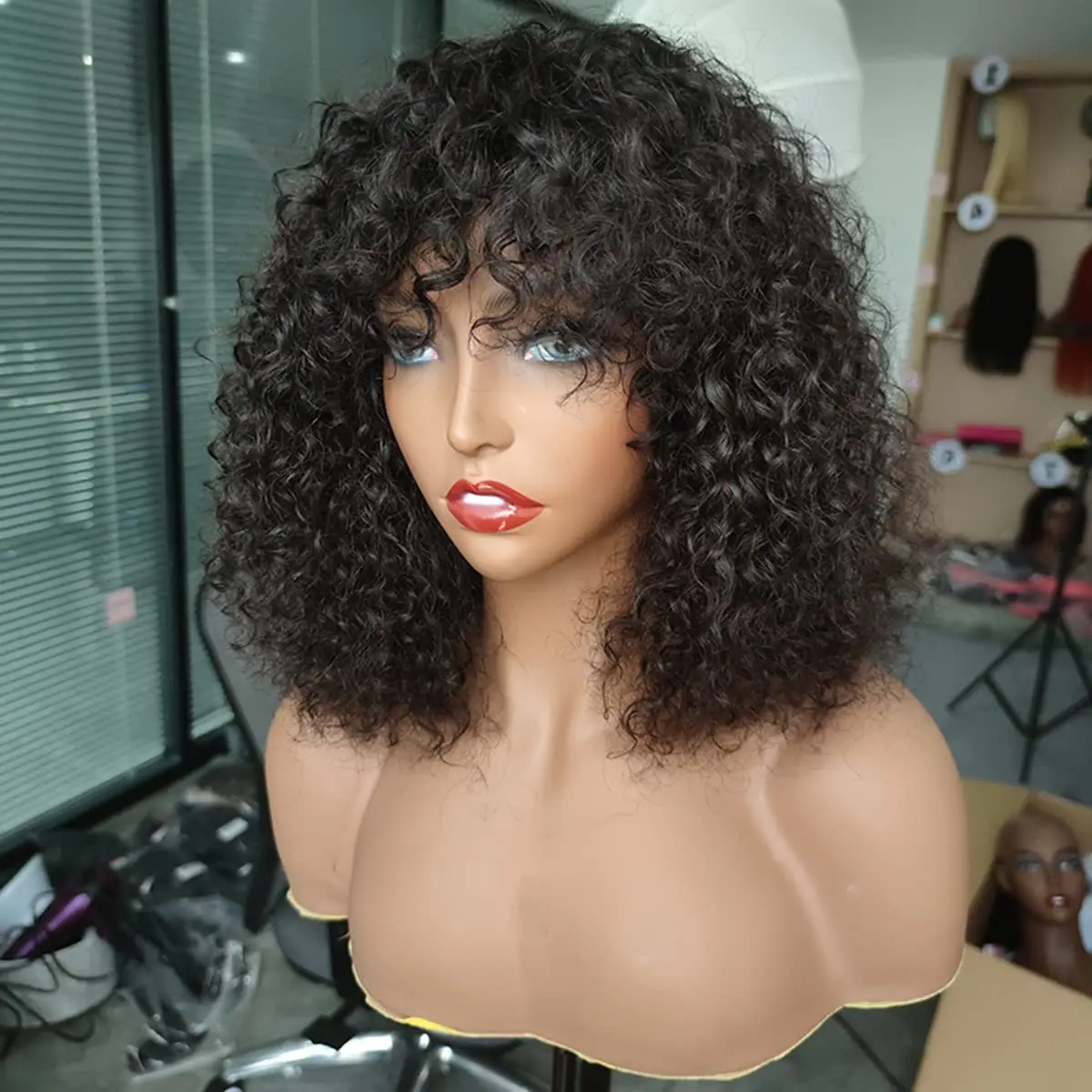 Isee Hair Short Human Hair Wig With Bangs Brazilian Bob Kinky Curly Virgin Human Hair Wig For Black Women 180% Density Short