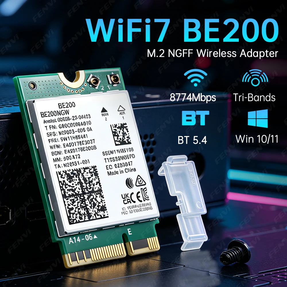 

WiFi 7 BE200 WiFi-карта BT5.4 BE200NGW 8774 Мбит/с, трехдиапазонная 2,4G/5G/6 ГГц, 802.11BE M.2 NGFF, беспроводная сетевая карта для ноутбуков с Windows 10/11