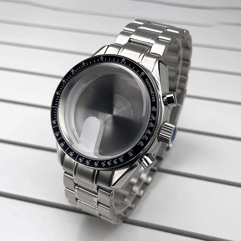 39.7mm Stainless Steel Watch Case with Moon Phase Back Cover + Matching Steel Strap - Modification Kit for VK63 VK64 Quartz Move