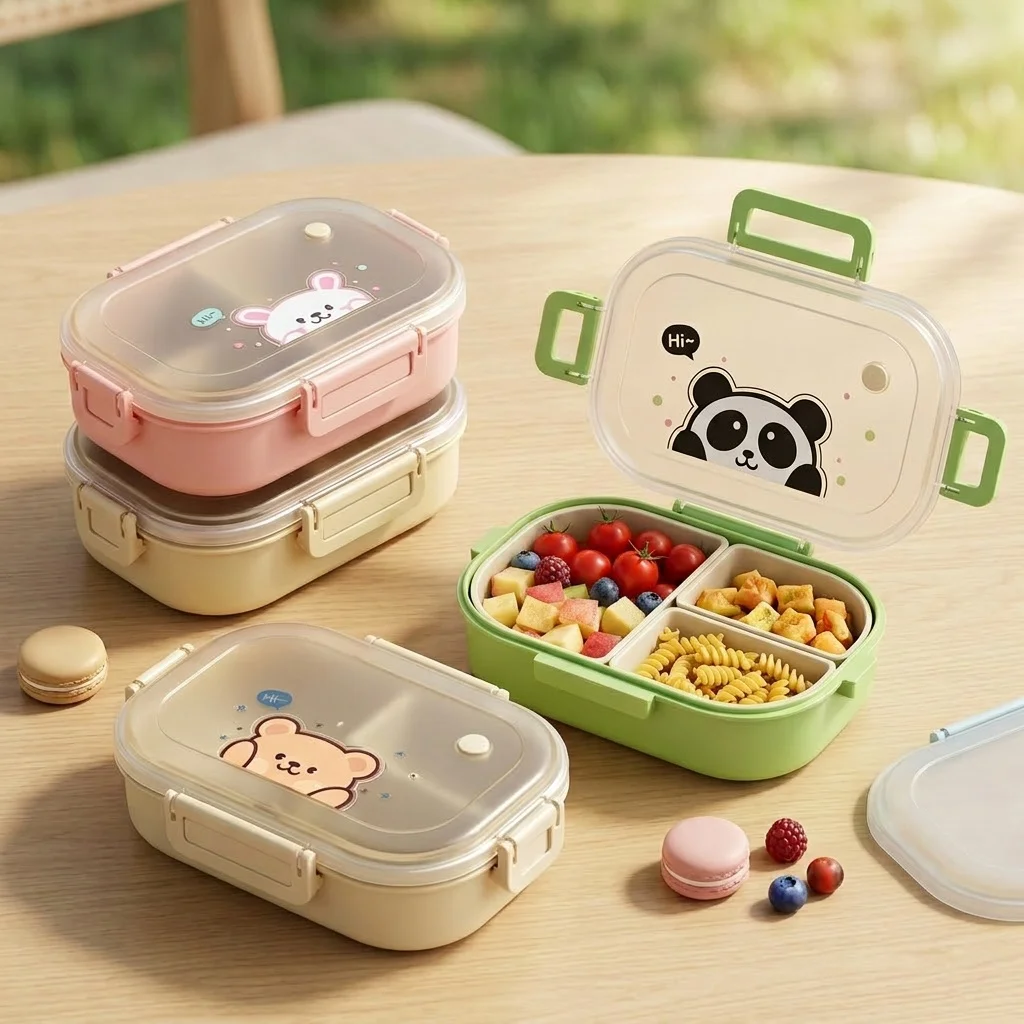 1000ML Cute Kids Bento Box Detachable 3 Grids Plastic Divided Lunch Box For Students Picnic Portable Snack Fruit Food Container