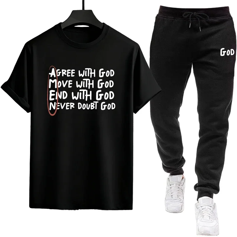 

God Amen Print Mens Tracksuit T-shirt + Sweatpants Urban Causal Sports Outfit Male Spring Summer Home Outdoor Comfort Cool Set