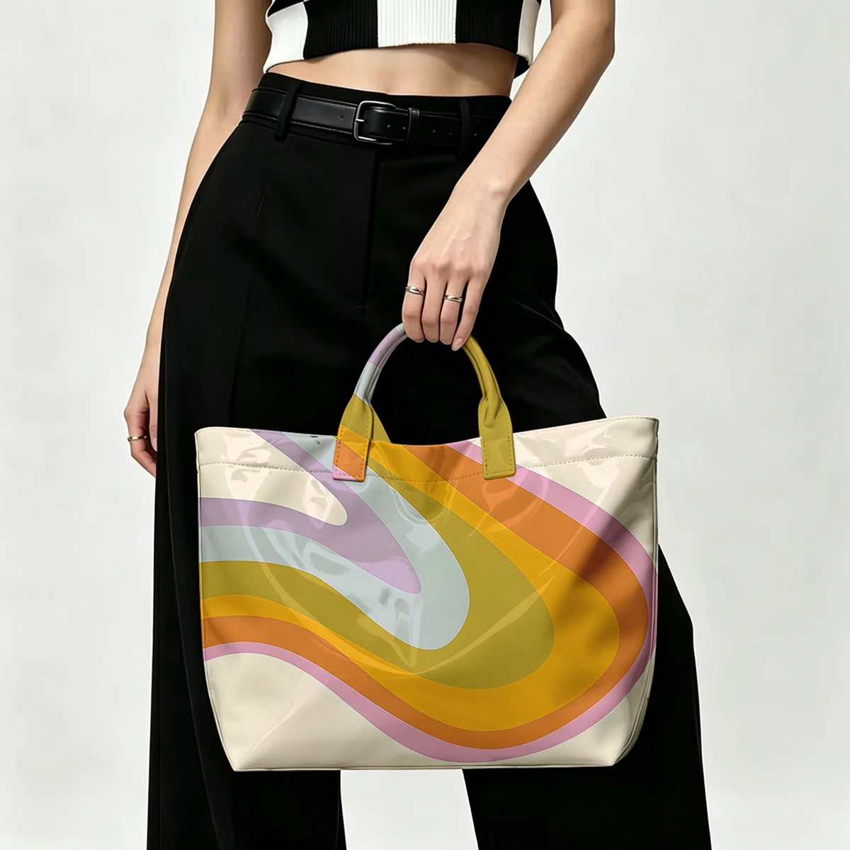 Retro Gradient Wave Fashion Bag Transparent PVC Waterproof Handbag Large Capacity Daily Commute Shoulder Tote Mummy Bag