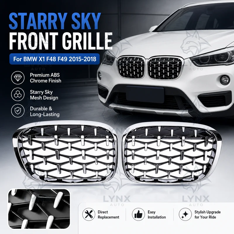For BMW X1 F48 F49 2015-2018 Starry Sky Grille Silver Frame Silver Dot Mesh Front Intake Grille Car Modification