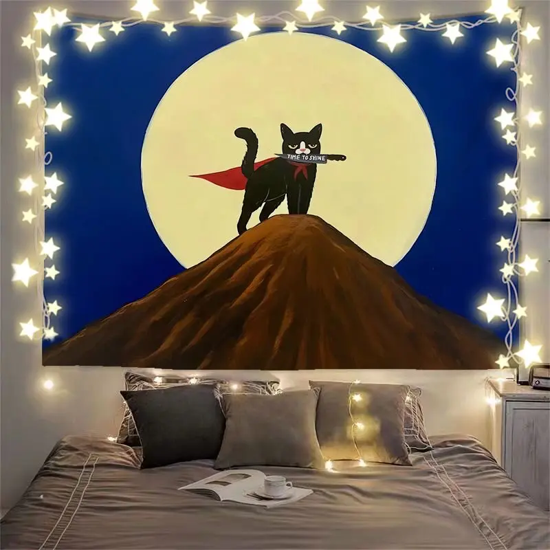VIKAMA Funny Meditating Black Cat Tapestry Underwater Shark Wall Hanging for Bedroom