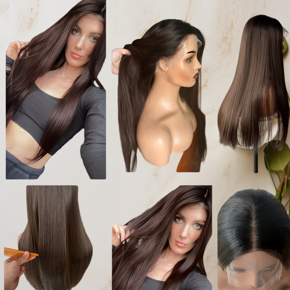 Chocolate Brown Silky Straight Wig Glueless HD Lace Wig High Heat Synthetic Futura Fibre Lace Front Wigs for Women Cosplay