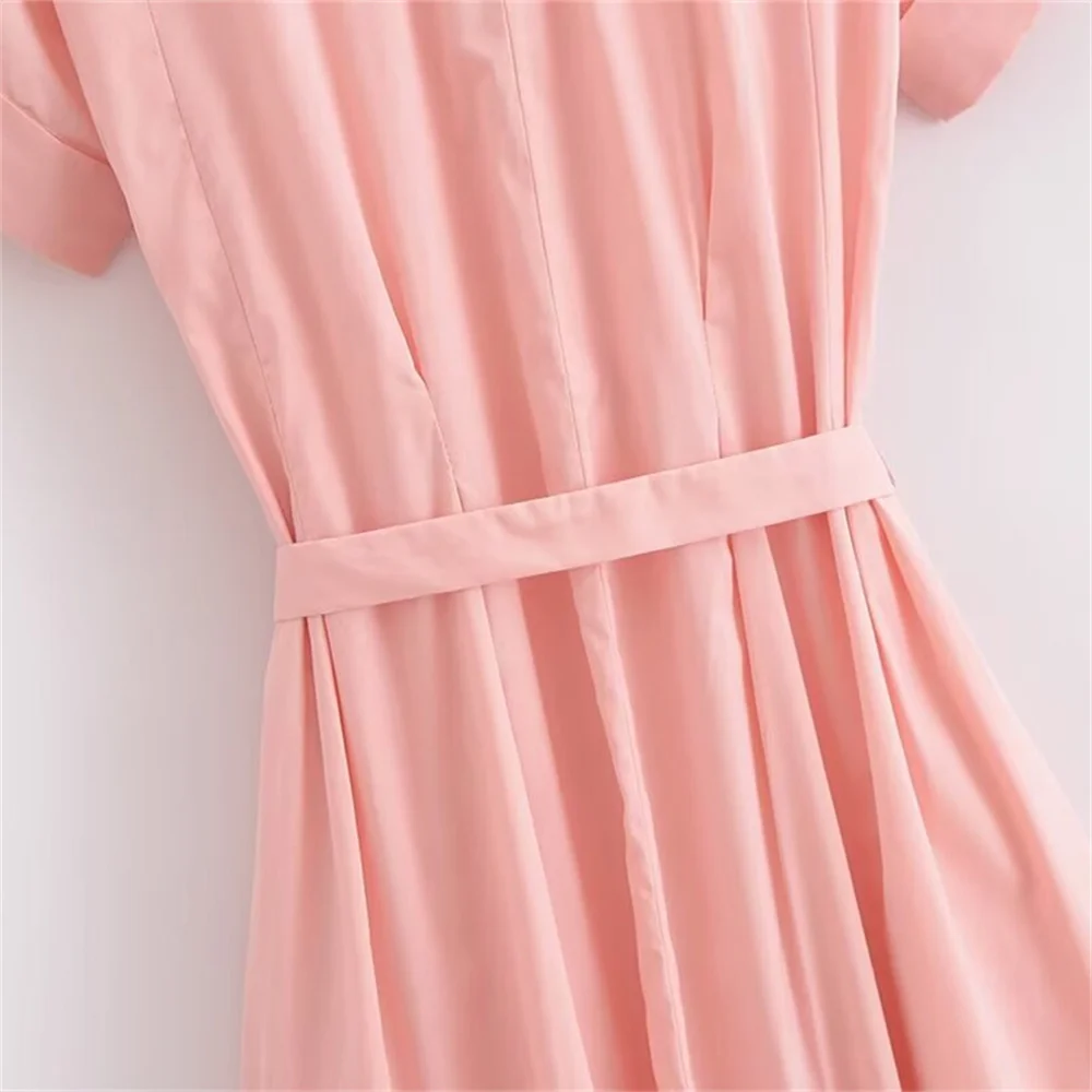 PB&ZA2024 Summer New Product Casual Women\'s Fashion Solid Color Flip Collar Loose 100 Paired Belt Shirt Style Dress