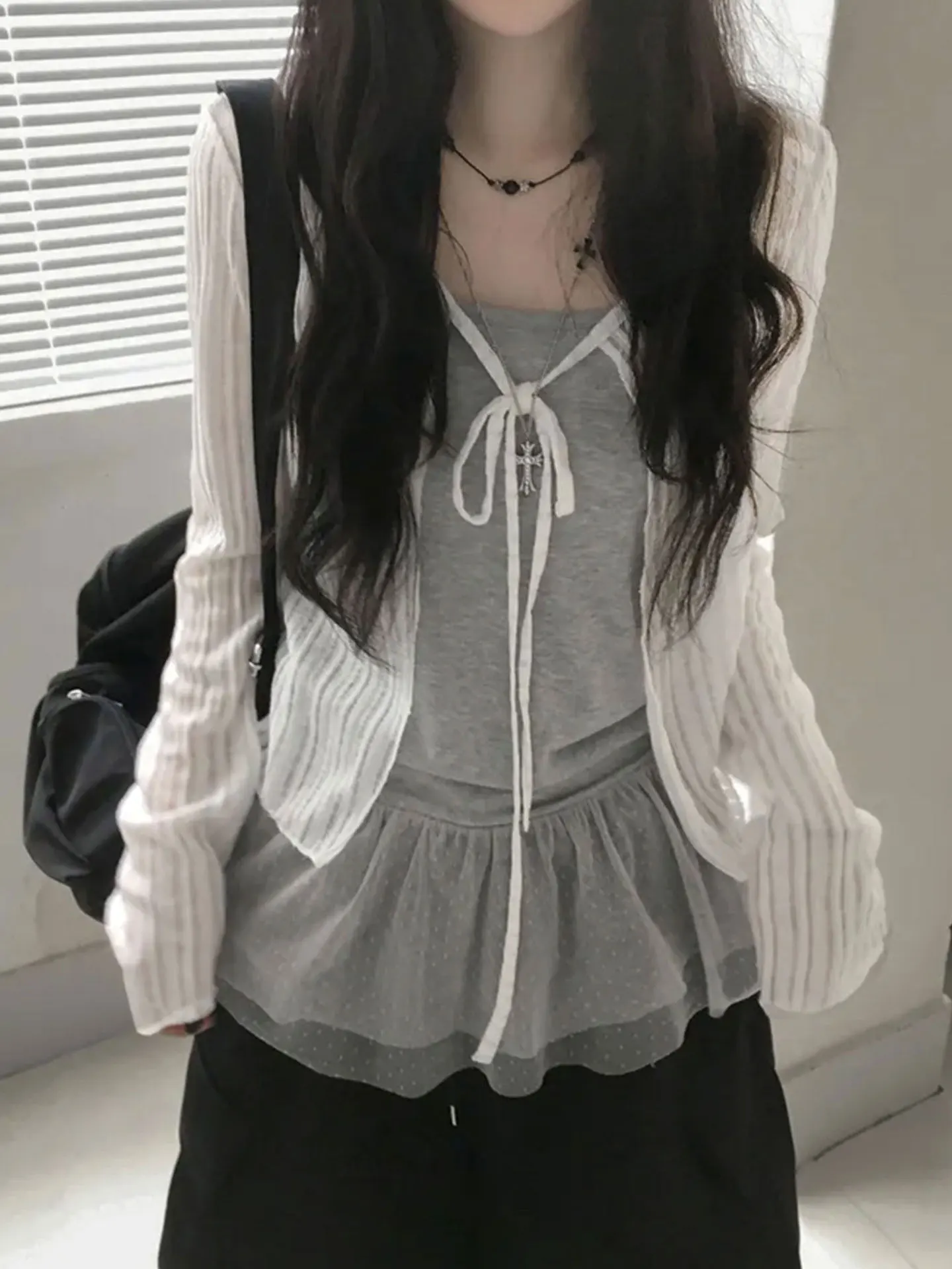 plus Size Women's Korean Style White Knitted Cardigan Belted Short Outerwear Thin Top Sweet Loose Fit Commute Fashion