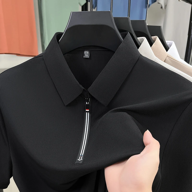 

2025 New Men's Solid Color Polo Shirt Short Sleeve Zipper Tshirts for Men Summer Lightweight Streetwear Breathable Tops