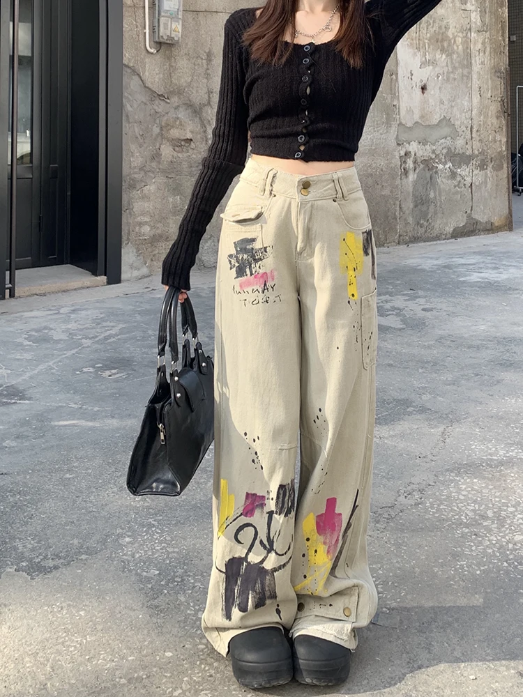 WCFCX STUDIO Vintage Graffiti Print Jeans High Waisted Loose Wide Leg Pants Niche Design Chic Streetwear Fashion Denim Trousers