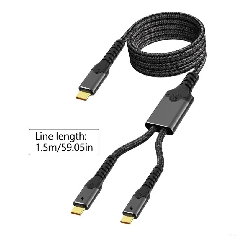 Q6PA Fabric Type C Charging Cable, 2-in-1 Split Design with Two Device Ends and File Transfer for Desk and Bedside Use
