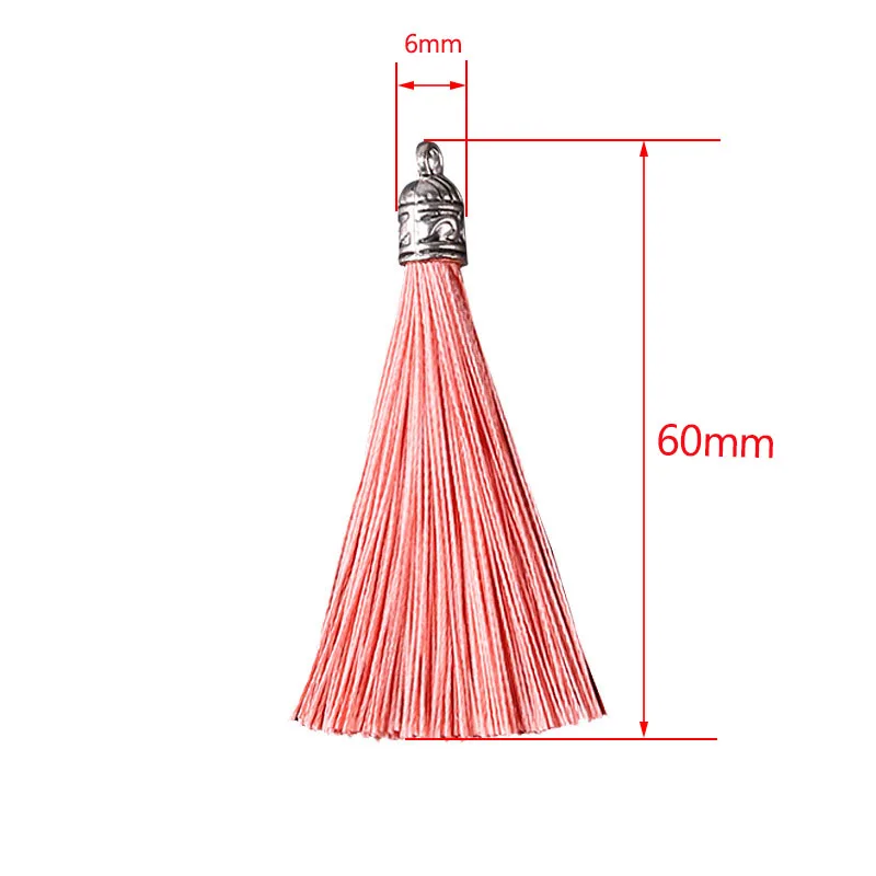 10Pcs 60mm Antique Silver Caps Cotton Tassels Charms Imitation Silk Satin tassels Pendant for Earrings DIY Jewelry Making