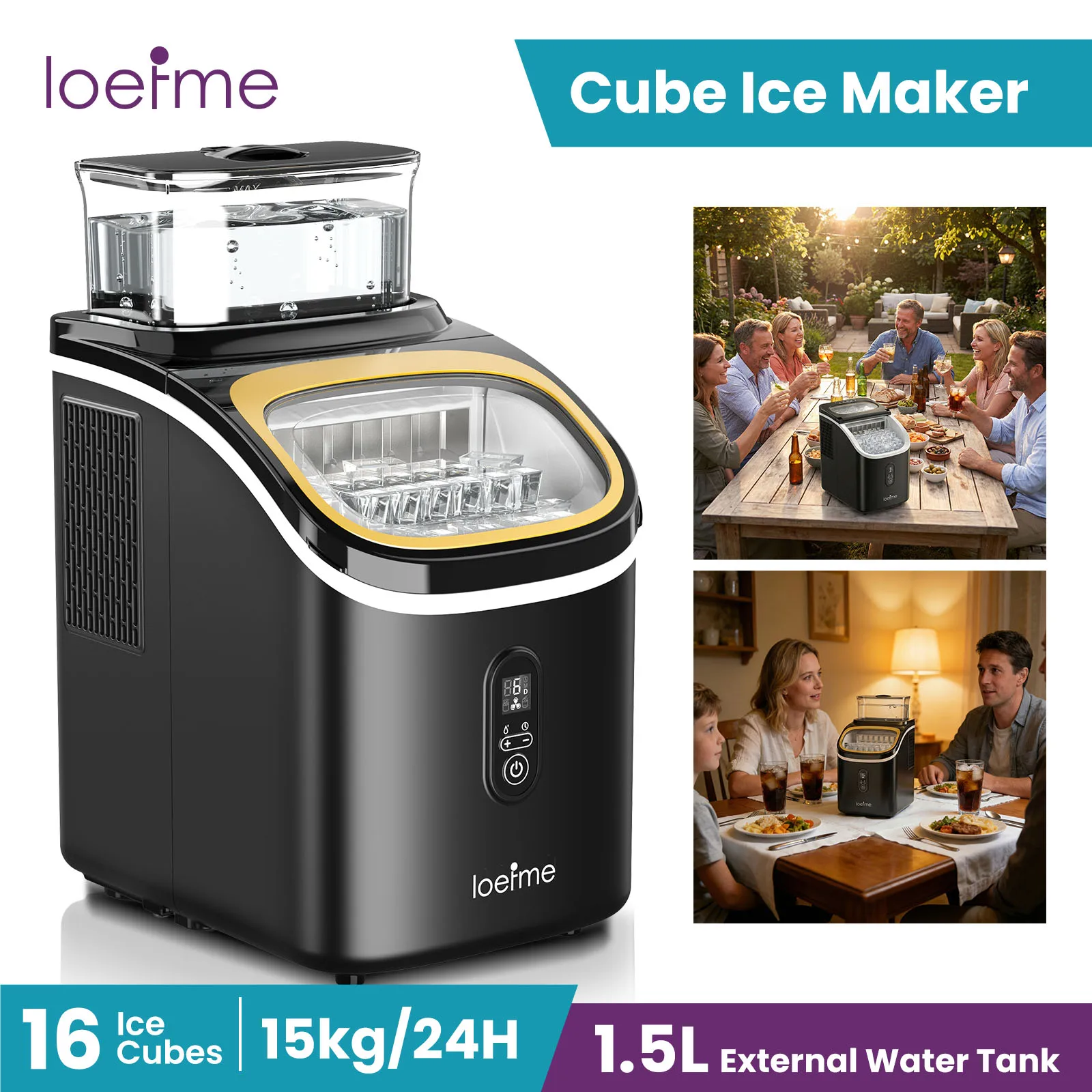 Máquina para Hacer Hielo de Sobremesa LOEFME de 1.5L, 15kg/24h, Producción Rápida de Hielo en 6-13 Minutos, 16 Cubos de Hielo con Pala para Hogar, Cocina, Bar, Fiestas, RV