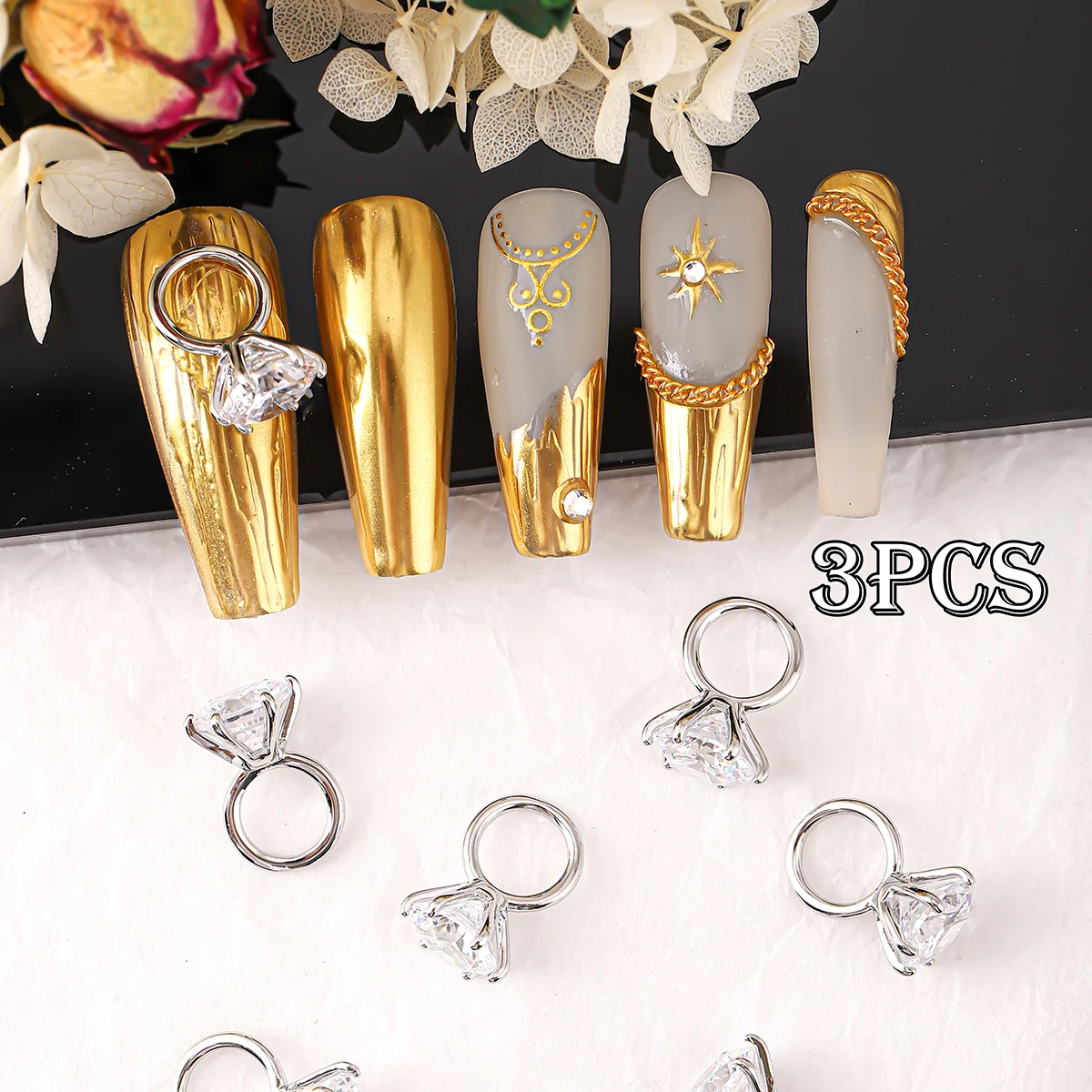 3 Stück/1 Packung luxuriöser Wind-Zirkon-Diamantring-Nagel aus Kupfer mit eingelegtem, eisdurchlässigem Zirkon, fortschrittlicher feiner Nagelbohrer