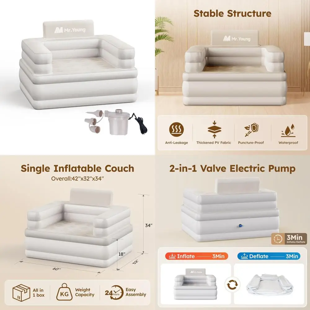 

Portable Inflatable Couch for Camping and Home Use | Air Sofa with Built-in Pump | 42x33x34 | Single