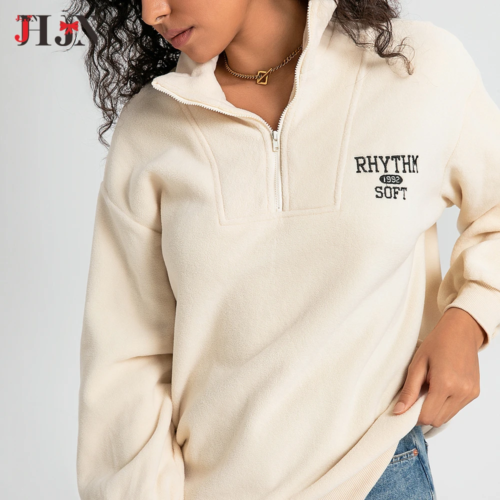 JHJN New Woman Hoodies Solid Sporty Hoody Half Zipper Letter Embroidery Sweatshirt Polar Fleece Jacket Warm Casual Pullovers