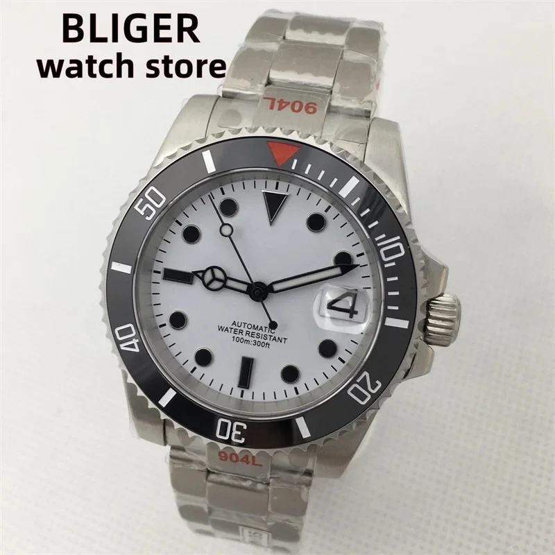 

BLIGER 40mm white dial with black mark automatic Men's watch Sapphire Crystal Automatic Date NH35A MIYOTA 8215 PT5000 movement