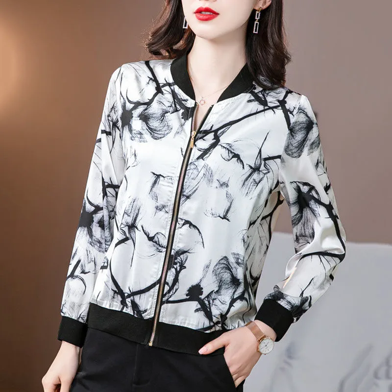 New Spring/Summer Fashion Trend Silk Short Round Neck Print Loose Versatile Large Casual Jacket Sunscreen Long Sleeve Coat