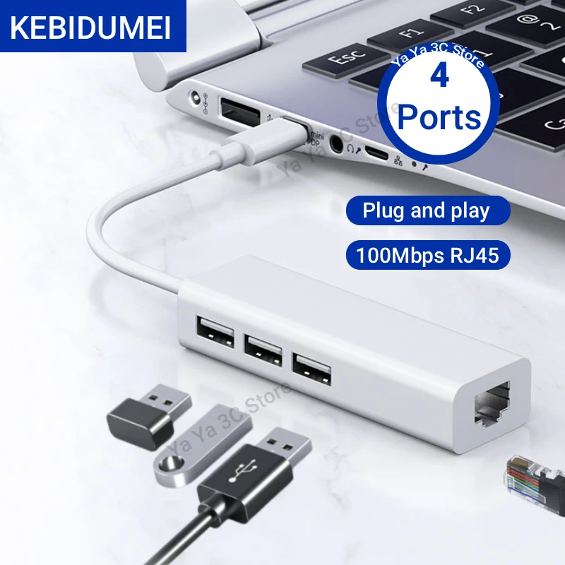 100Mbps USB C Network Card USB To RJ45 Ethernet Lan Adapter 4 in 1 USB 2.0 Type C Hub Splitter Adapter for MacBook PC Computer