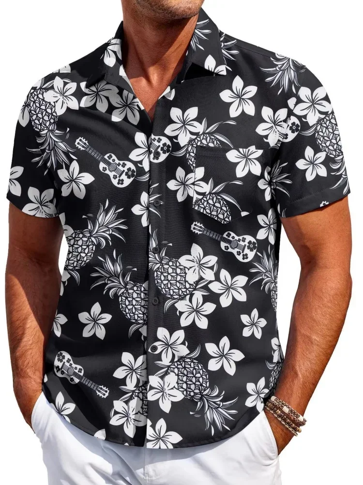 Summer Quick Drying Cool Feeling Cuban Collar Shirt Black and White Pineapple Flower Travel Versatile Men's Floral Top
