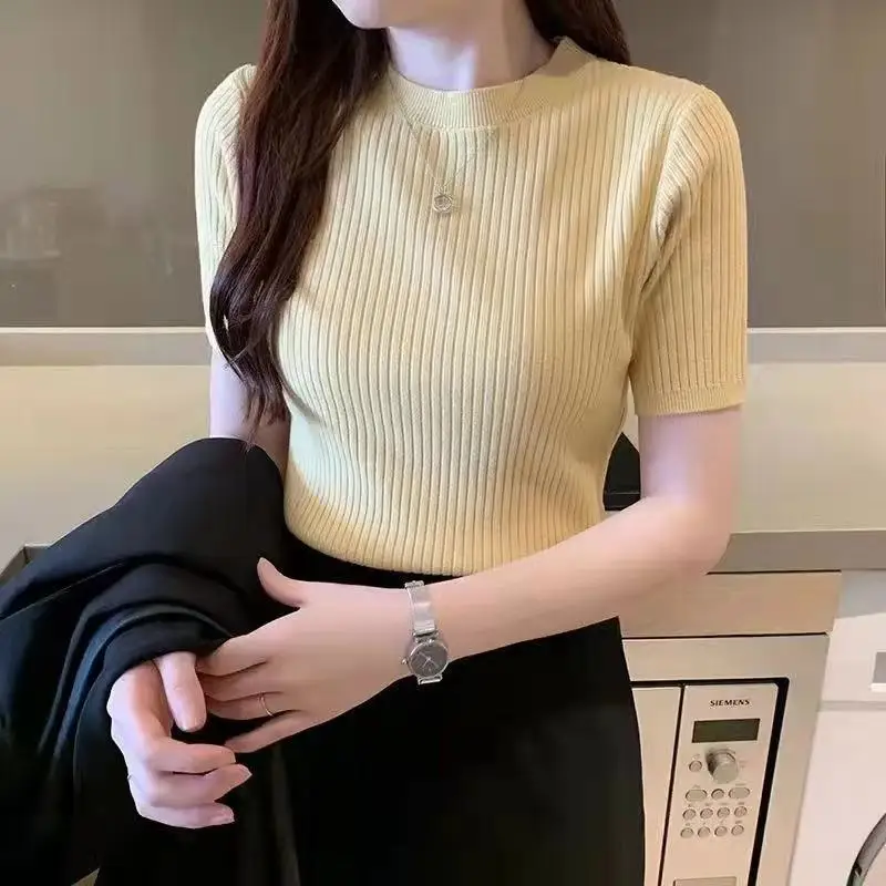 Simpel sweter lengan pendek wanita, atasan rajut lengan pendek ramping kasual tempramen Korea warna polos leher O musim panas untuk kantor