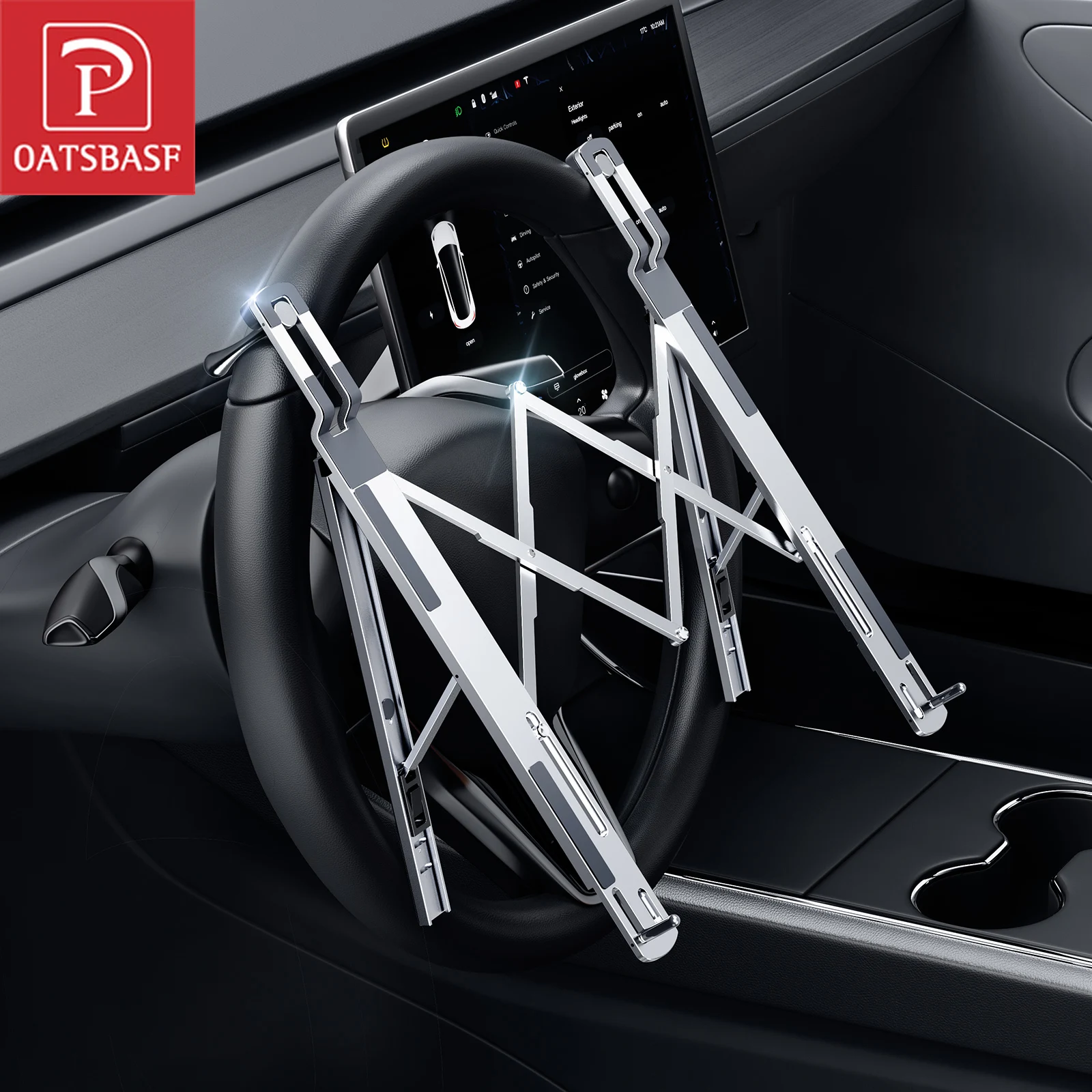 Oatsbasf Car Steering Wheel Laptop Stand Portable Foldable 5-Level Adjustable Aluminum for Tablet Notebook Book for Car Desktop