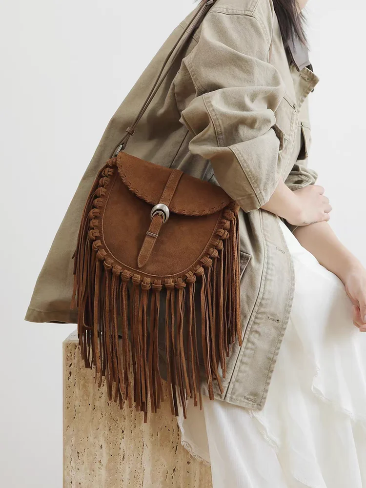 New Fashion Unique Casual Tassel Women Bag\Handbag Frosted Genuine Leather Lady Tote Real Leather Shoulder Crossbody Bag Cool