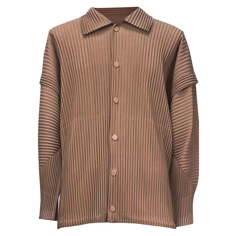 Miyake Japanese Pleated Design Lapel Long-sleeved Shirt Men's Jacket Loose Simple Casual Striped Top Street Trend Shirt 2025 New